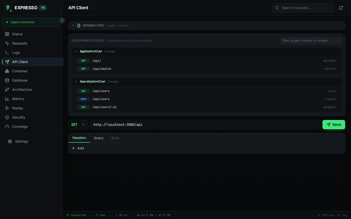 ExpressoTS Studio API Client with method, URL, headers, and body panels