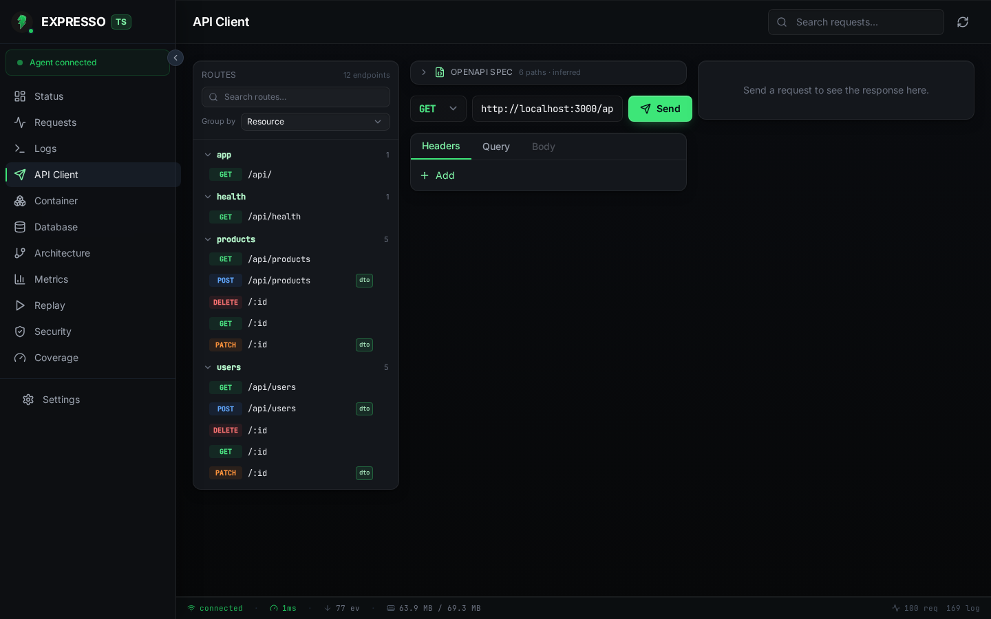 ExpressoTS Studio API Client with method, URL, headers, and body panels