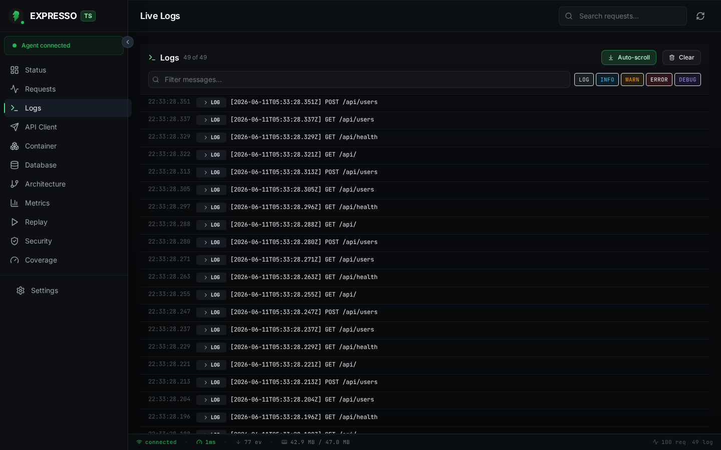 ExpressoTS Studio logs view with level filters and route context