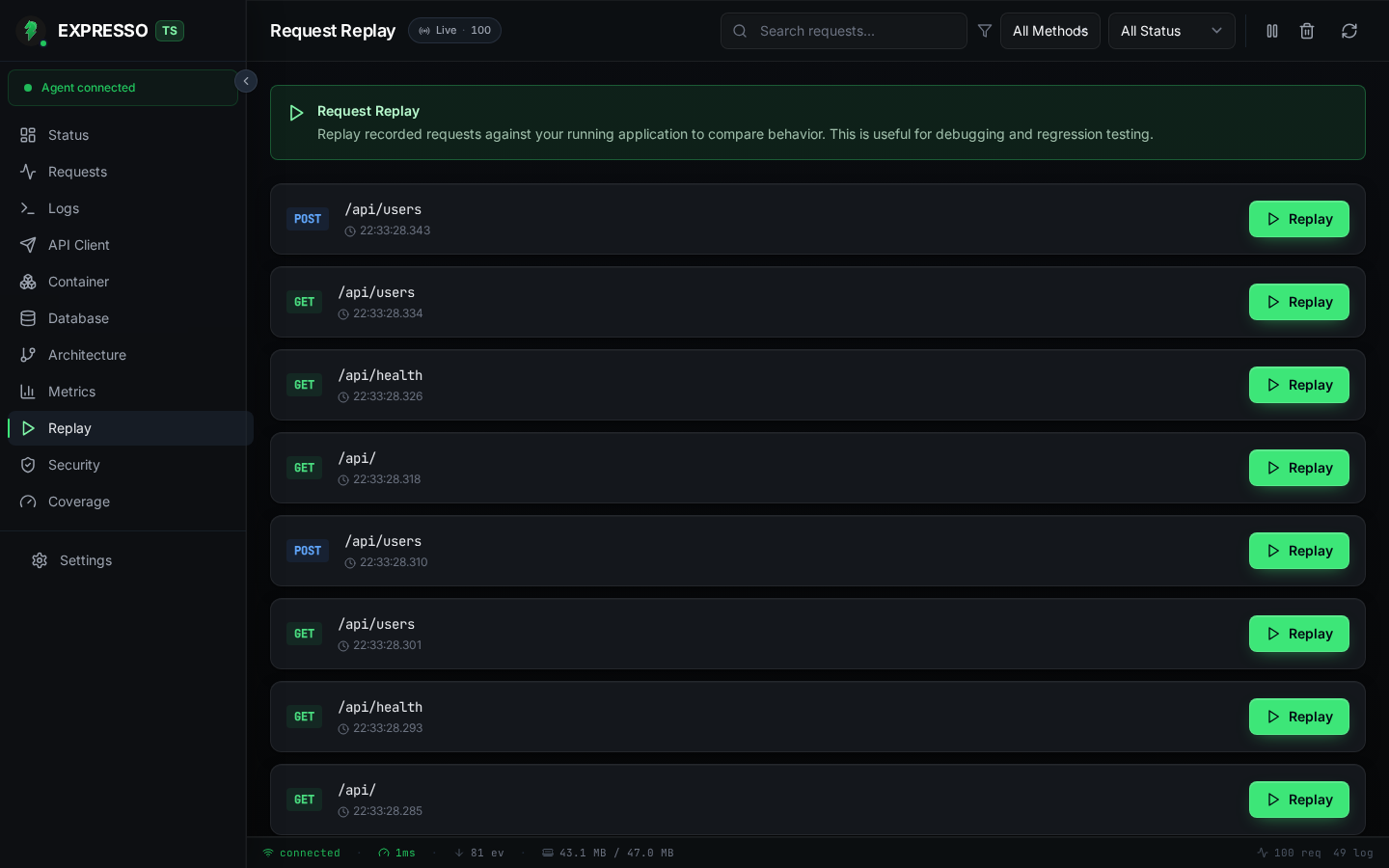 ExpressoTS Studio Replay view for re-running recorded exchanges