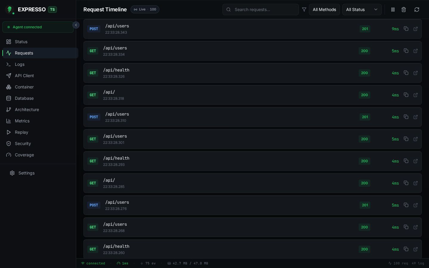 ExpressoTS Studio request timeline with method, path, status, and duration columns