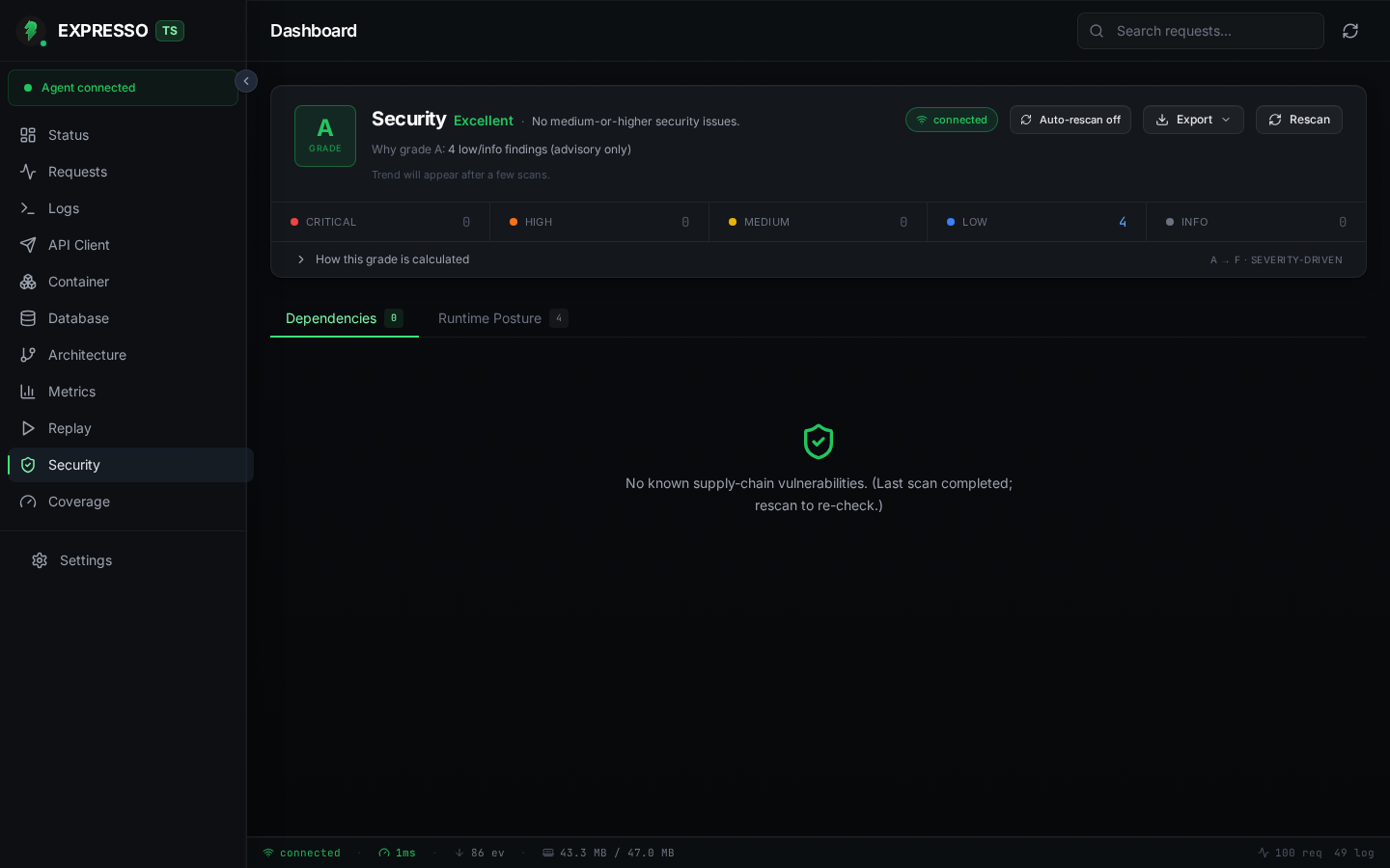 ExpressoTS Studio Security dashboard with letter grade, severity bar, and Dependencies tab