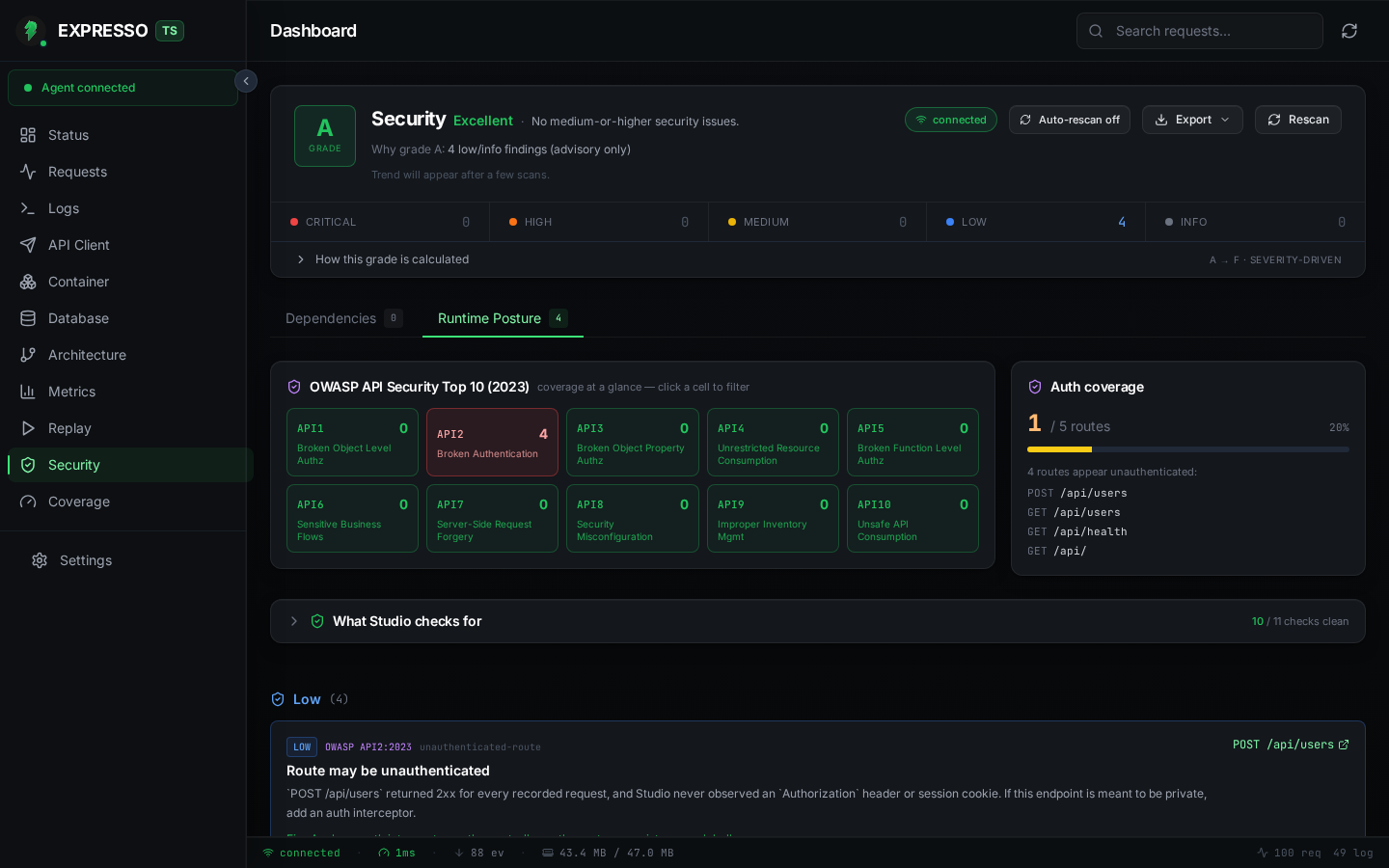 ExpressoTS Studio Runtime Posture tab with OWASP API Top 10 heatmap and auth coverage widget