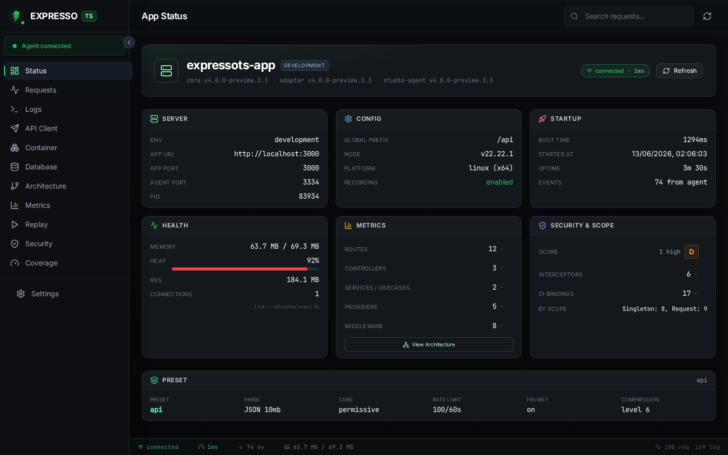 ExpressoTS Studio Status dashboard preview