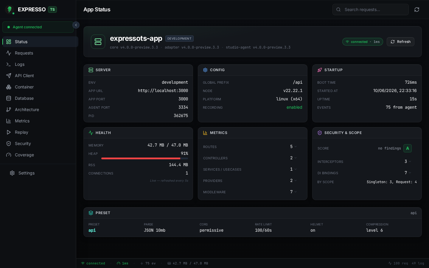 ExpressoTS Studio Status dashboard showing server config, health metrics, route counts, and security grade
